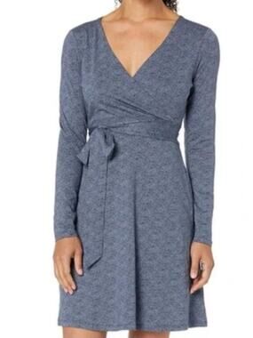 Toad & Co Cue Wrap Herringbone Print Organic Cotton Long Sleeve Dress Blue  L